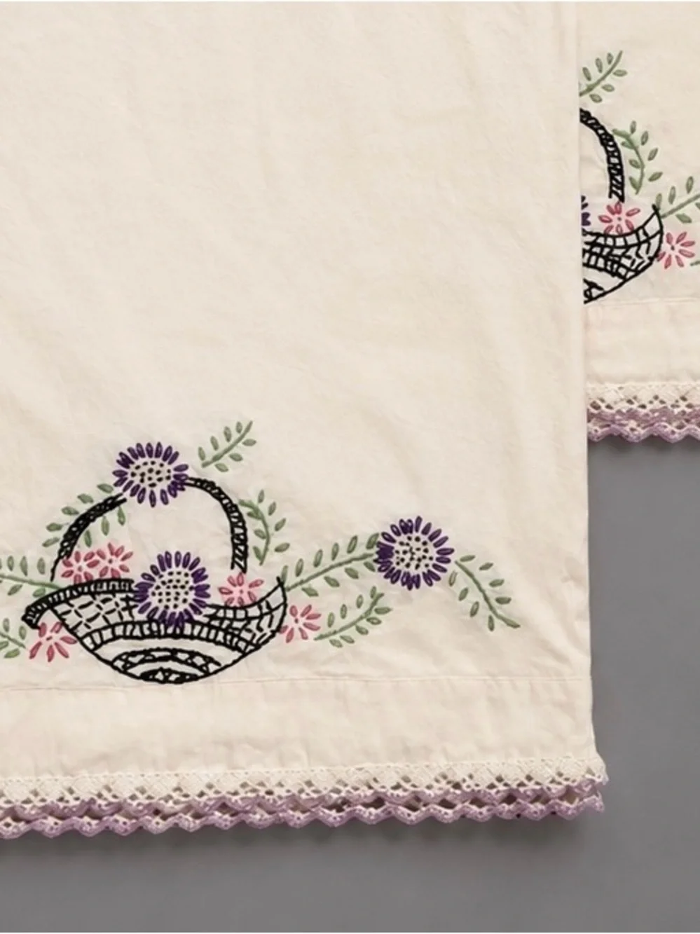 4 vintage pillowcases - embroidered floral queen size- crochet trim, cool colors